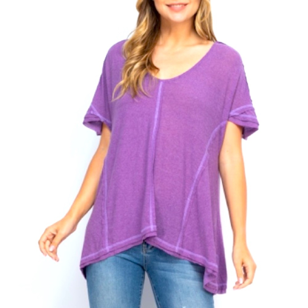 Lilac purple inside-out seam curved hem loose top. NEW!